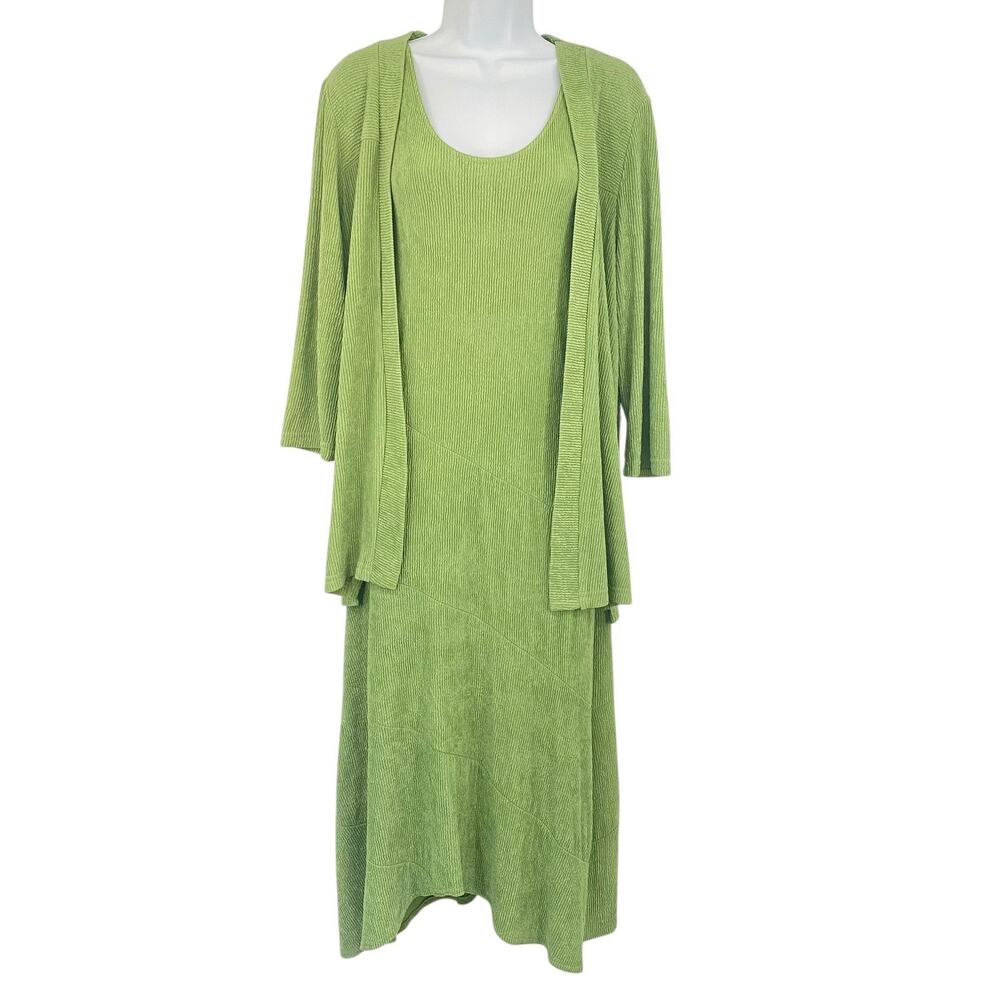 VTG U.S. Wear Lagenlook Midi Tank‎ Dress Jacket Set Womens Medium Green Textured